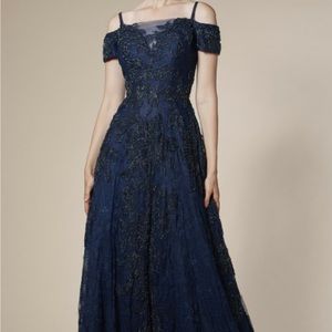 Andrea & Leo Couture Long Lace Evening Gown. Navy Blue, Size 16.